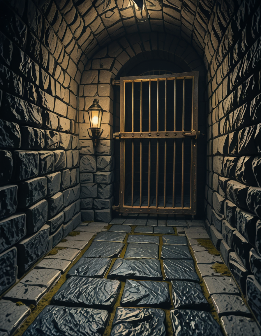 A highly detailed, hyper-realistic photograph of a dark medieval dungeon prison cell. The scene is dimly lit by a single flickering torch mounted on a damp stone wall, casting eerie shadows across the rough, moss-covered stones. Heavy, rusted iron bars form the cell door, slightly ajar, with visible corrosion and ancient padlocks. Inside the cell, there is a straw-covered floor, old wooden buckets, and a crude, splintered wooden bench against the back wall. Chains and manacles hang loosely from the walls, showing signs of long-term use. The atmosphere is cold, humid, and oppressive, with faint light rays piercing through tiny cracks in the stone ceiling. Cobwebs stretch across the corners of the cell, and faint water drips from above, creating small puddles. The overall mood is grim, desolate, and foreboding. Photorealistic style, with high dynamic range (HDR) lighting and extreme attention to textures like rust, moisture, and decay.
<lora:SDXLFaeTastic2400:0.4> <lora:extremely_detailed:0.4> extremely detailed,medieval dungeon pr1s0n c3ll <lora:medieval_dungeon_pr1s0n_c3ll-i:1>, Masterpiece,best quality,hi res,8k,hi res,8k,award winning,(sharp focus, intricate, highly detailed),