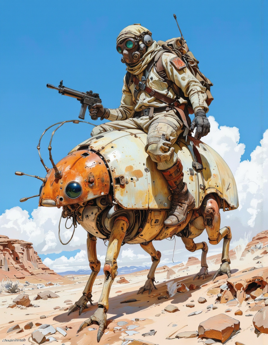 By theaicolab. A digital illustration shoot from below about a futuristic robot with a humanoid body and a bug-like design, set against a bright blue sky with fluffy white clouds. the image also shows a desert landscape with jagged rocks and scattered debris. on the middle of the image, a humanoid robot appears to be a man, wearing a full-body suit with a gas mask, goggles, and a backpack. he is sitting on the back of the robot, holding a weapon in his right hand. the robot has a large, round body with a rusty orange and white color scheme, and its legs are visible as it stands on a rocky terrain. the man has a determined expression on his face. <lora:The_AI_Colab:1>