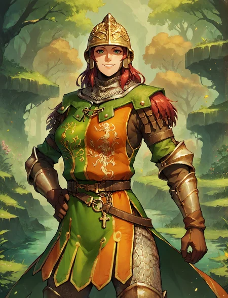 anime artwork score_9, score_8_up, score_7_up, score_6_up, <lora:Pony_EldenRing_GodrickSoldier_v3:0.7>, godrick soldier, 1girl, sexy, dynamic pose, red hair, beautiful eyes, (big breasts), orange and green tabard, half orange half green armor, chainmail, standing, nature background, smile, brown gloves, helmet, <lora:Concept Art Ultimatum Style LoRA_Pony XL v6:1>, <lora:age_slider_v4:2>, ((hands on belt)), 2 hands on waist . anime style, key visual, vibrant, studio anime, highly detailed