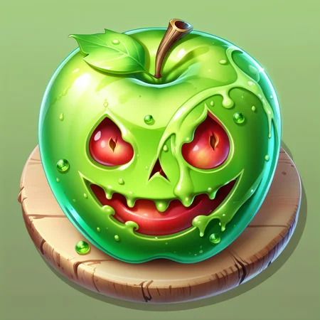 <lora:FoodIconsNew:0.7> fooico, poisoned apple, green slime, creative, game icon, professional, high quality, super cute, kawaii, 8k, adorable