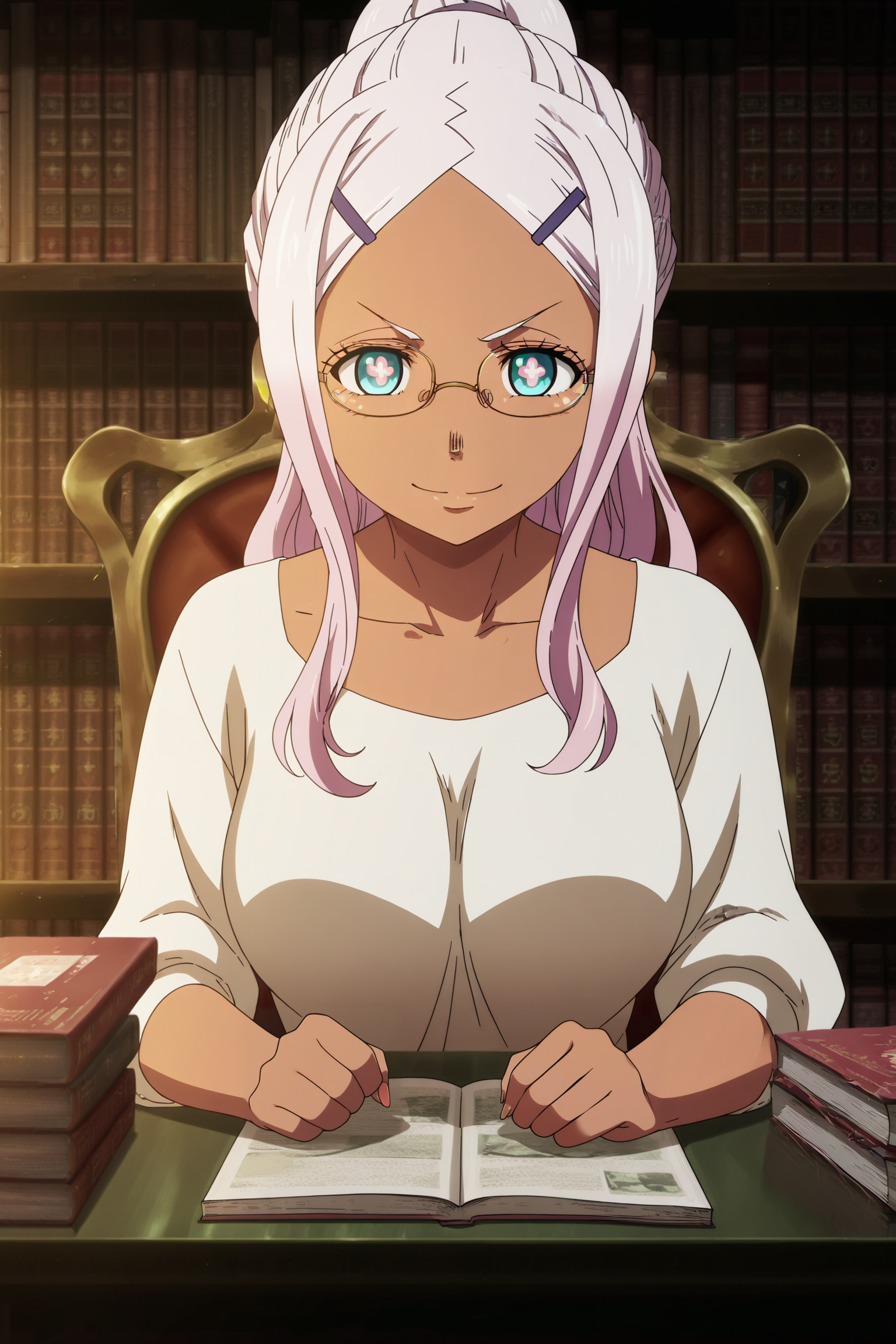 anime screencap, anime coloring, detailed face, masterpiece, best quality, very aesthetic, absurdres, official style, amazing quality, ultra detailed,  highres, amazing quality, scenery, beautiful detailed hair, beautiful detailed eyes,
<lora:StS-Illustrious-Detail-Slider-v1.0:4>
girl is 20 years old,
 <lora:Hibana_Fire_Force:1>
Hibana (character), 1girl, solo, dark-skinned female, long hair, white hair, symbol-shaped pupils, blue eyes, large breasts,
Hibana white shirt (outfit), glasses, book, ponytail, hairclip, pink hair, hair ornament, bookshelf, library, sitting, chair, looking at the viewer, smile, cowboy shot