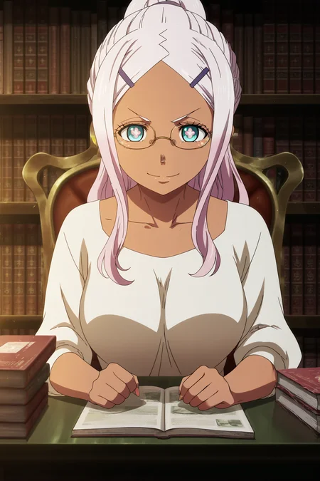 anime screencap, anime coloring, detailed face, masterpiece, best quality, very aesthetic, absurdres, official style, amazing quality, ultra detailed, highres, amazing quality, scenery, beautiful detailed hair, beautiful detailed eyes,
<lora:StS-Illustrious-Detail-Slider-v1.0:4>
girl is 20 years old,
<lora:Hibana_Fire_Force:1>
Hibana (character), 1girl, solo, dark-skinned female, long hair, white hair, symbol-shaped pupils, blue eyes, large breasts,
Hibana white shirt (outfit), glasses, book, ponytail, hairclip, pink hair, hair ornament, bookshelf, library, sitting, chair, looking at the viewer, smile, cowboy shot