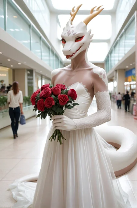 <lora:Lucian_Paledrake:0.8> lucian_paledrake, anthro dragon, white scales , flat chest, wedding gown, holding roses, mall, <lora:Pony_QualityV4.0:1.12> zPDXLxxx, zPDXLrl, zPDXL3