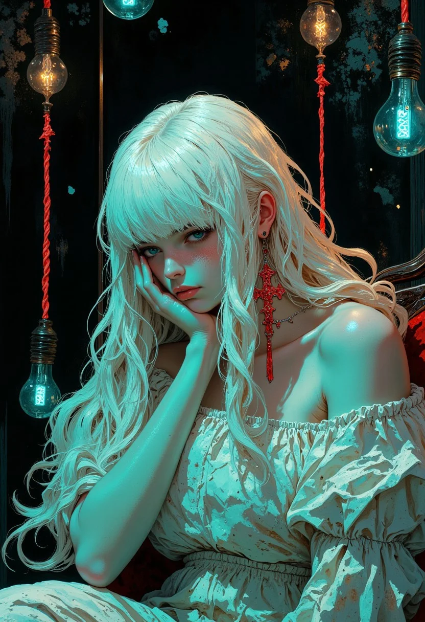weibo, drawing, illustration retro 90's, yoji shinkawa, James Jean, Ayami Kojima, chromatic aberration, detail, high contrast, cinematic view, volumetric lighting, perspective, messy_hair, gritty_texture, melancholic_mood, cinematic, white_hair, voluminous_bangs, eyes_covered, milk_white_skin, red_cross_earring, white_crop_top, ethereal, minimalistic, soft_light, mysterious_expression, serene, intense_detail, photorealistic, (sharp focus:1.3). A stylized character with a striking sexuality appearance. A close-up of a character a young greek woman with long, wavy white hair, styled with thick, voluminous bangs that fully cover her eyes. She wears a loose, semi-transparent white crop top, and her skin has a smooth, milk-white complexion, giving her an ethereal and ghostly appearance. Her accessories include a large red cross earring, adding a subtle contrast to her delicate look. Her sits thoughtfully with her chin resting on her hand. Several  black large, vintage-style light bulbs on vibrant red cords hang above her, casting a soft glow that bathes the scene in a dreamy teal and turquoise ambiance. The background is a textured black wall with scattered plaster. The scene captures a sense of calm and introspection, with the girl’s soft expression is hidden behind the bangs adding to the tranquil atmosphere. The image is highly detailed, with a focus on the textures of his skin, emphasizing enhancing the dramatic and bold aesthetic of the image.
DB4RZ, DB4RZ style painting