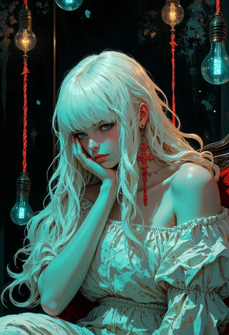 weibo, drawing, illustration retro 90's, yoji shinkawa, James Jean, Ayami Kojima, chromatic aberration, detail, high contrast, cinematic view, volumetric lighting, perspective, messy_hair, gritty_texture, melancholic_mood, cinematic, white_hair, voluminous_bangs, eyes_covered, milk_white_skin, red_cross_earring, white_crop_top, ethereal, minimalistic, soft_light, mysterious_expression, serene, intense_detail, photorealistic, (sharp focus:1.3). A stylized character with a striking sexuality appearance. A close-up of a character a young greek woman with long, wavy white hair, styled with thick, voluminous bangs that fully cover her eyes. She wears a loose, semi-transparent white crop top, and her skin has a smooth, milk-white complexion, giving her an ethereal and ghostly appearance. Her accessories include a large red cross earring, adding a subtle contrast to her delicate look. Her sits thoughtfully with her chin resting on her hand. Several  black large, vintage-style light bulbs on vibrant red cords hang above her, casting a soft glow that bathes the scene in a dreamy teal and turquoise ambiance. The background is a textured black wall with scattered plaster. The scene captures a sense of calm and introspection, with the girl’s soft expression is hidden behind the bangs adding to the tranquil atmosphere. The image is highly detailed, with a focus on the textures of his skin, emphasizing enhancing the dramatic and bold aesthetic of the image.
DB4RZ, DB4RZ style painting