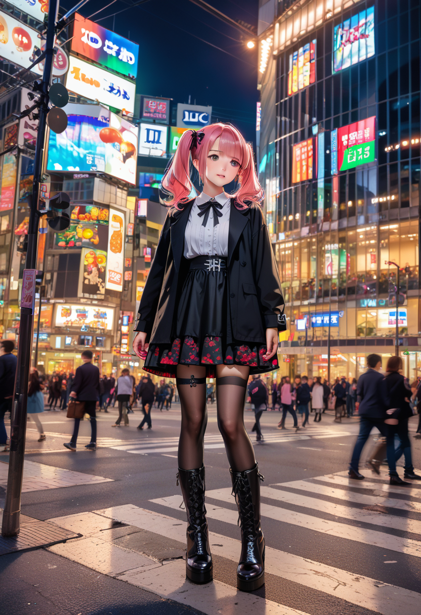 score_9, score_8_up, score_7_up, rating_safe, masterpiece, best quality, absurdres, unity 8k wallpaper, official art, official style, source_anime, uncensored, game cg, megami magazine,
1girl, pink hair, twintails, blouse, black ribbon, cross-laced clothes, black frilled skirt, black legwear, lace-up boots, gothic dress, looking at another, standing, solo focus, 
shibuyaSK, night, road, city, street, crosswalk, sign, outdoors, real world location, lamppost, building, cityscape, traffic light, sidewalk, car, neon lights, pavement, skyscraper, vanishing point, night sky, crowd,
 <lora:shibuyaSK_pony_V1:1>