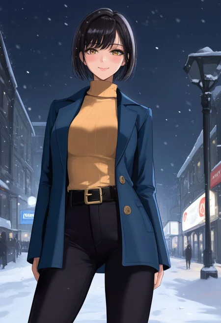 score_9, score_8_up, score_7_up, source_anime, masterpiece, 4k, high quality, (best quality:1.1), solo, 1girl, hiraguchip5, short hair, black hair, marine blue leather coat, tight yellow turtleneck sweater, black pants, belt, closed mouth, seductive face, standing, legs apart, from front and below, looking at viewer, blushing, shy smile, cowboy shot, winter park scenery, snow, city lights, dark lighting, night, moonlight, godrays,