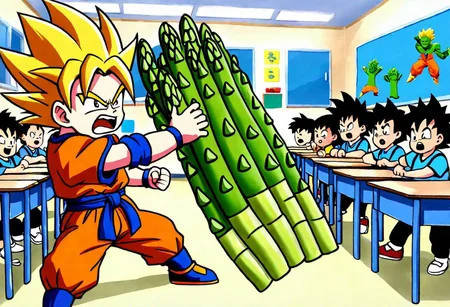 Super Saiyan Goku fighting Andrew The Angry Asparagus in the middle of a preschool classroom