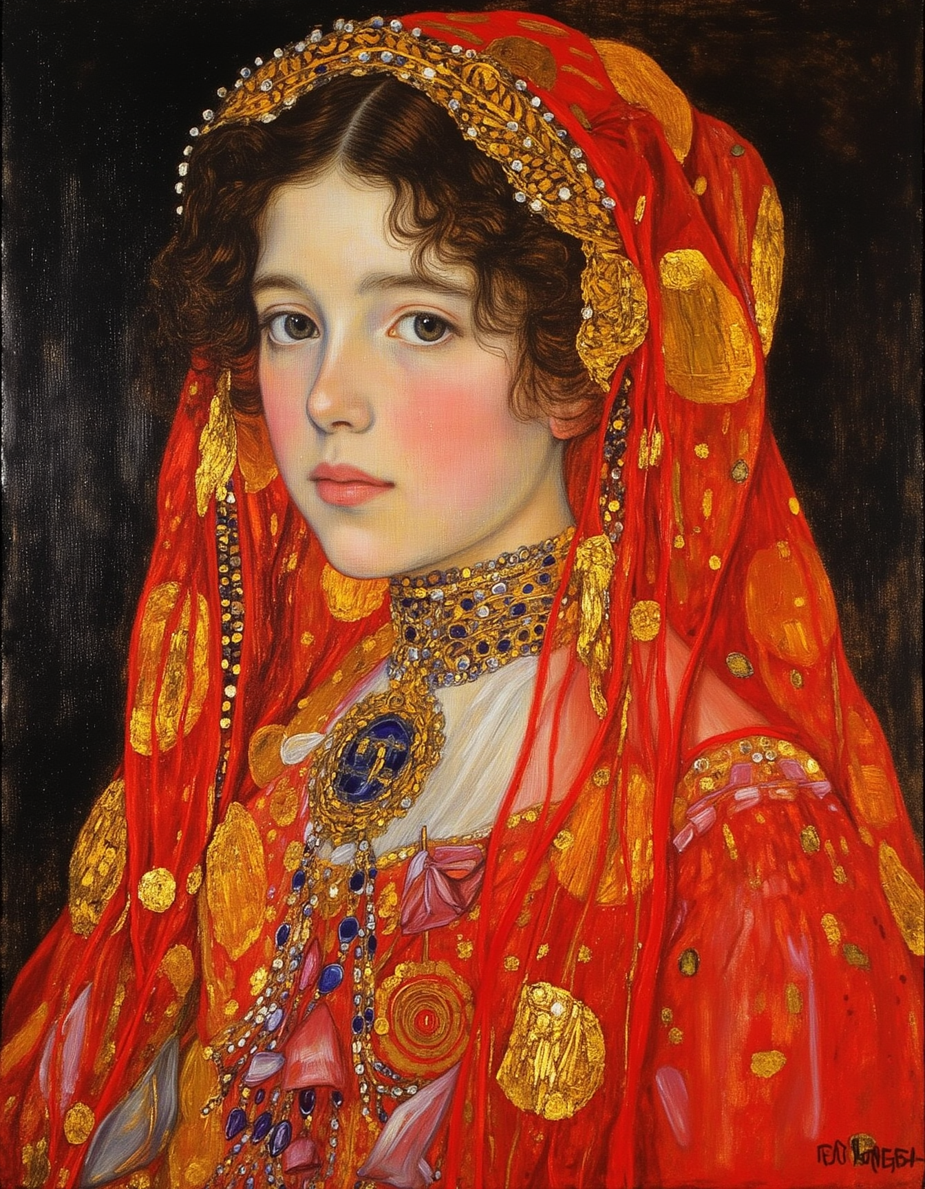 masterpiece, high quality, Oil Painting, Hyper-realistic,a chalk drawing style depicting a teen girl with pale skin wearing traditional Middle Eastern attire. The focus is on her delicately painted face framed by an ornate headscarf in rich red fabric with intricate gold embellishments. The chalk medium gives it a soft, textural quality while highlighting the contrast between her fair complexion and the vibrant colors of the headscarf. focus on the girl, shadow and light, Masterpiece, intricate lines, intriguing atmosphere, sharp magnificent details, delicate features, elaborate details, (2/3 rule composition:0.5), ultra detailed, romantic, Rembrandt lighting, brush stroke, lovely, novuschroma, in the style of Rembrandt. vantablack <lora:style_of_Rembrandt_FLUX_135:.8> <lora:- Flux1 - vanta_black_V2.0:.6> <lora:neeeg_f1:-1> <lora:113_novuschromaFLX_1:.3>  <lora:Midjourney_Whisper_Minimal:.2> <lora:FS_v2:.3> <lora:kl1mt_cap_d6a3e12:1>