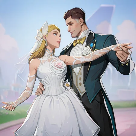 masterpiece, best quality, newest, absurdres, highres, anime, anime style, duo, duo focus, husband and wife, couple, w4ltz, holding hands, dancing, looking at another, 1boy, ReedRichards-Lifefantasticskin-V1.0, suit, formal clothes, bowtie, brown hair, brown eyes, flower, shrt hair, pants, yellow bowtie, 1girl, SueStorm-Lifefantasticskin-V1.0,
wedding dress, wedding veil, veil, white dress, short dress, blonde, bare shoulders, blue eyes, flower, jewelry, long hair, earrings, long hair, high heels,