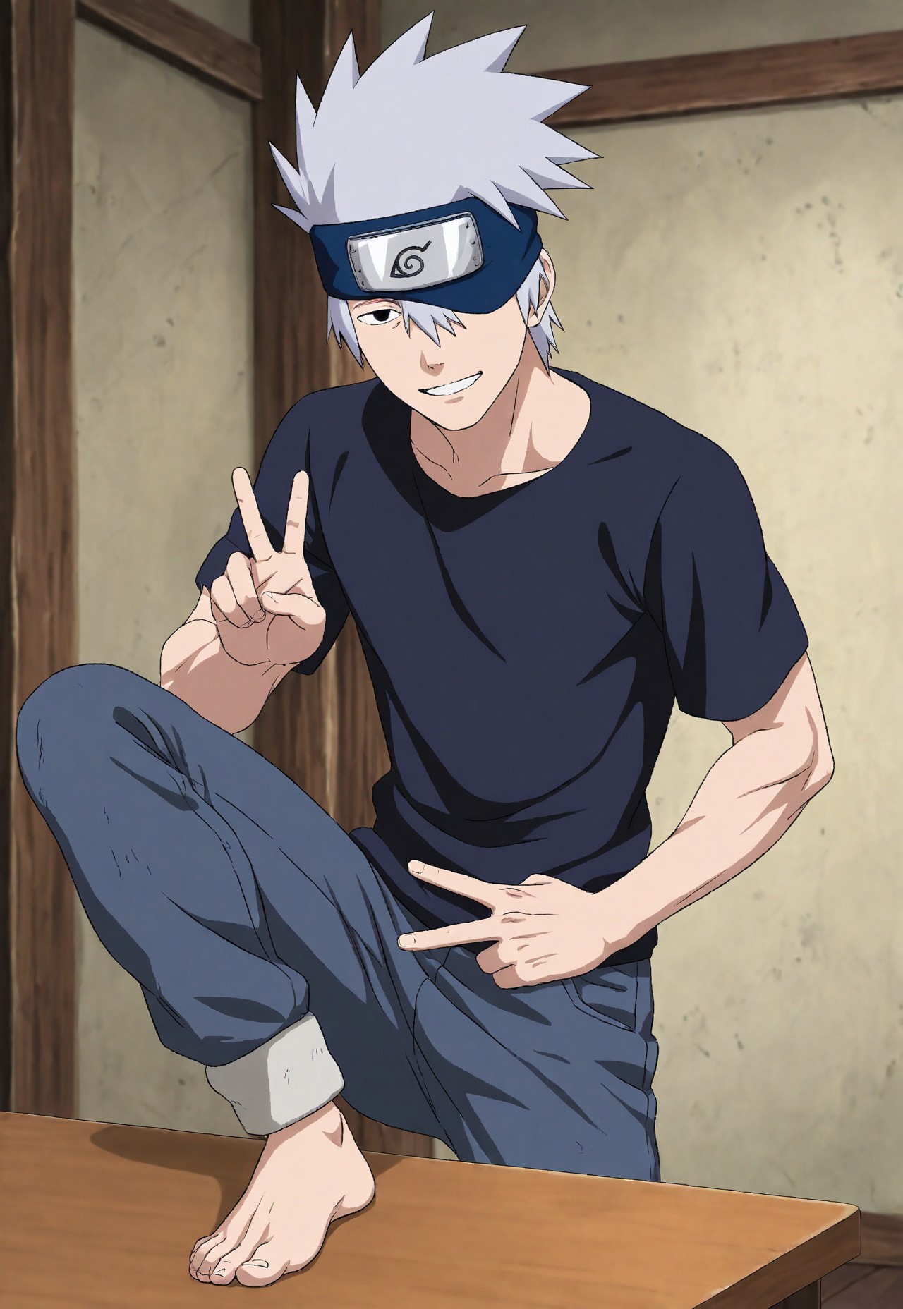 masterpiece, best quality, amazing quality, very aesthetic, absurdres, newest, detailed background, 1boy, solo, fbKakashi, 1boy, solo, skinny, muscular, grey hair, black eyes, hair between eyes, t-shirt, jeans, forehead protector, konohagakure symbol, one eye covered, one foot on table, standing, peace sign, smiling, bedroom