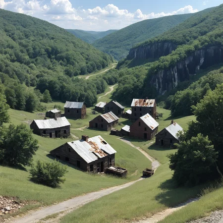 a classic landscape painting of an abandoned mining town in the hills of West Virginia , by Jean-Honoré Fragonard and by douard Manet and by Doug Chiang