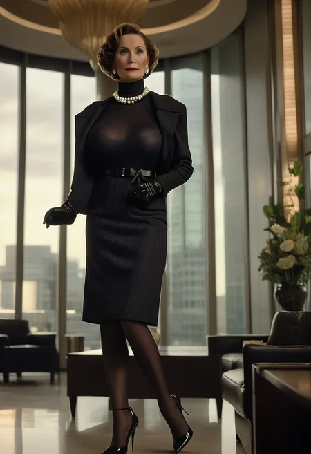 cinematic film still, ((masterpiece:1.0, best quality:1.0)), (ultra high res), ((professional photography)), ((photo-realism, hyperrealism)), perfect focus, centered, (mid angle, front view image), photo of beautiful Danish mother in the hotel lobby, age 55, (GILF:1.0), (thick, toned, mature, voluptuous, hourglass body, huge lips), (elegant pose, feminine pose), confident subtle smile, (short bob cut hairstyle, dark brown hair:1.5), ((huge fake breasts:1.0, (spherical breasts:1.5, silicone breasts:1.5))), ((short delicate tight gloves)), ((Belted, pinstripe textured twill dress, (high neckline:1.4), (professional work dress))), ((black pantyhose)), pearl necklace, delicate diamond earrings, watch, ((very high heeled stiletto pumps, (high ankle strap), sharp pointed toe:1.1)), (luxurious modern office entrance, glass windows), (soft, studio lighting:0.6), (volumetric lighting:1.2), intricate details, ambient lighting, professional photography, 8k, Nikon 85mm lens, Bokeh, diffused light, epiCRealism