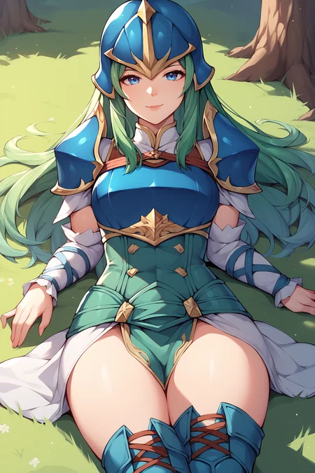 score_9, score_8_up, score_7_up, score_6_up, BREAK, NepheneeFEXL, blue eyes, green hair, long hair, sidelocks, medium breasts, blue armor, blue helmet, shoulder armor, breastplate, green corset, green loincloth, white sleeve, detached sleeve, guantlets, white skirt, blue thigh boots, solo, lying on grass, seductive smile, looking at viewer, forest, tree <lora:NepheneeFEXL:0.8>