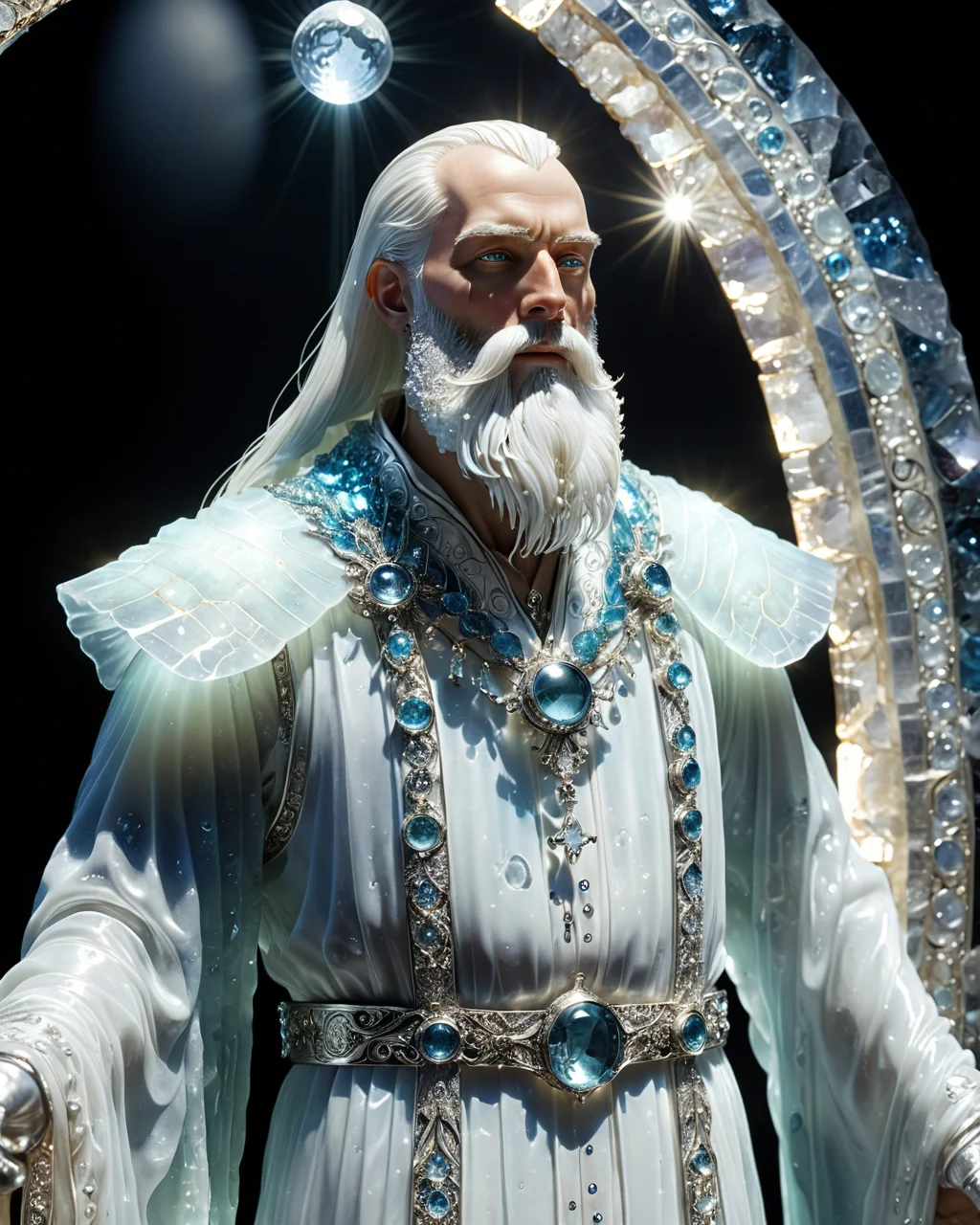 full body bearded sorcerer in a illuminated robe, light shining through CALCITE, silver, chrome, closeup highly detailed illuminated face, sunlight shining through gemstone of semi-precious stone, Kay Nielsen , water, reflections, transparency, arch, moon, volumetric lighting, prismatic effect, <lora:add-detail-xl:1.0> <lora:xl_more_art-full_v1:0.5>
