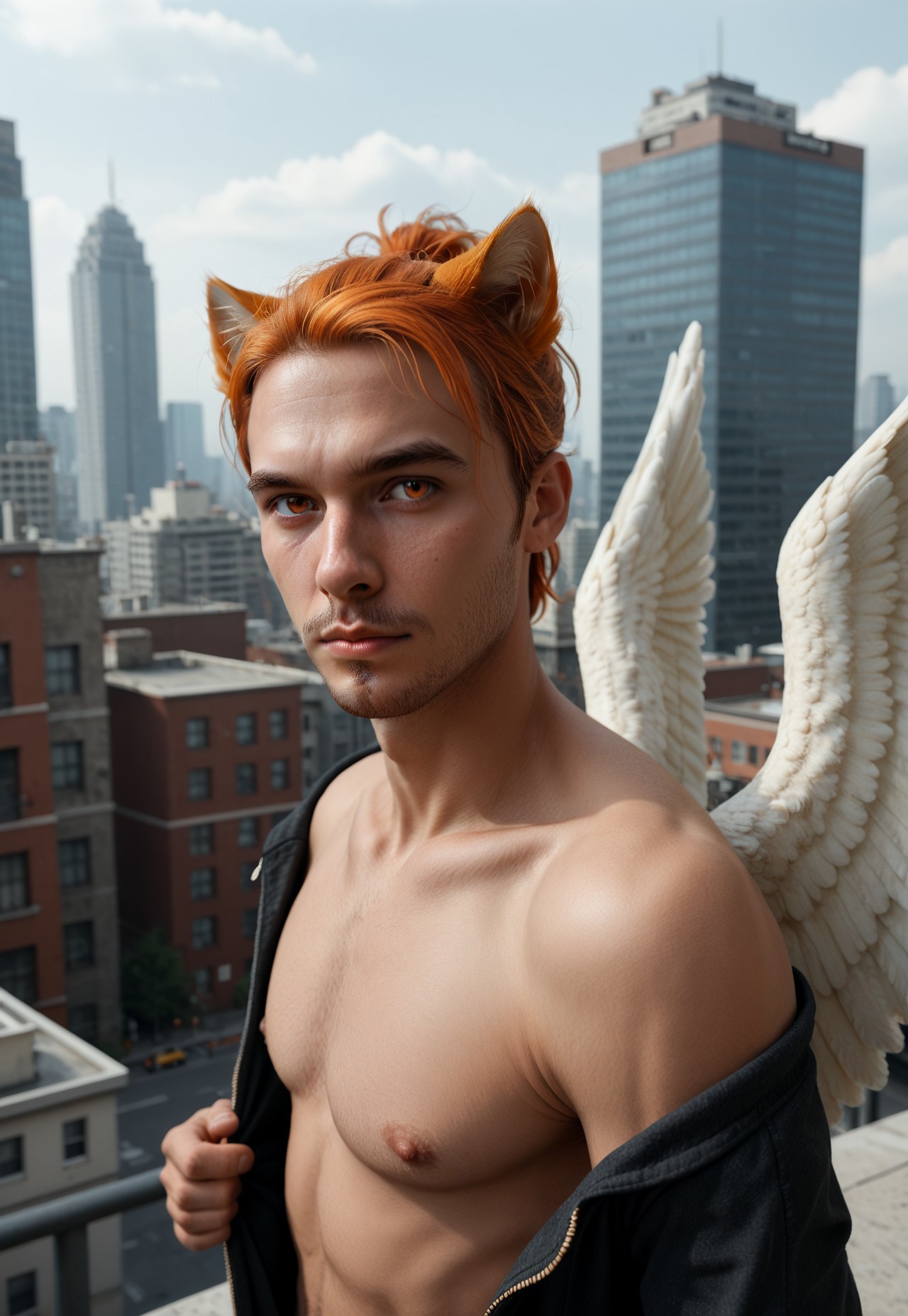 safe_pos, Score_PnyReal  BREAK Roiadan Vanzey, solo, looking at viewer, 1boy, orange eyes, upper body, ponytail, cat ears, orange hair, animal ears, animal ear fluff, male focus, shirtless, pants , wings, feathered wings, facial hair,  stubble,  building, city, outdoors,  cinematic angle, cinematic lighting 