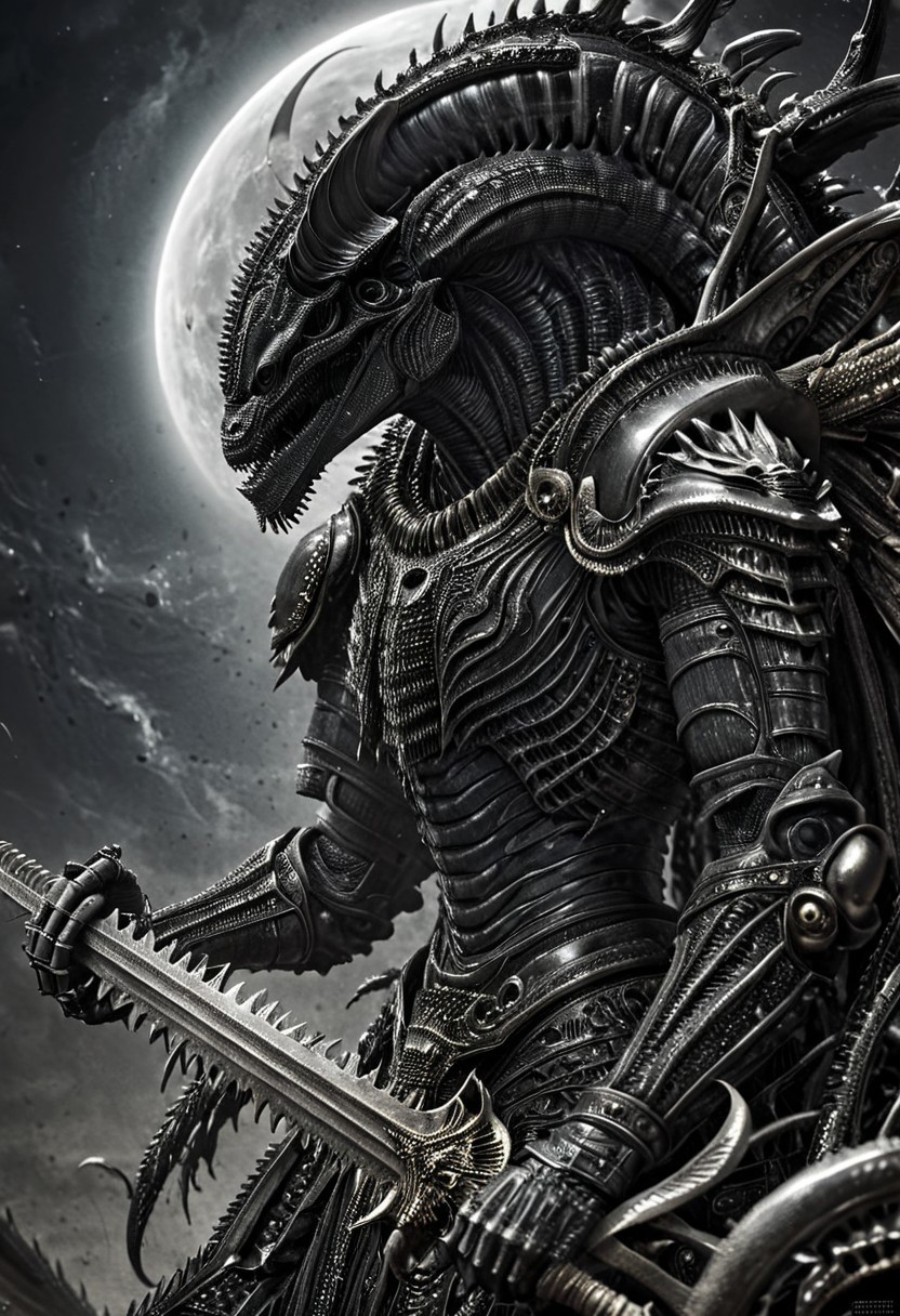 A closeup of fantastical image of a Xenomorph knight, clad in flowing, flowing robes, wielding an ornate, ornate blade. they wield the sword in a fluid, dynamic motion. The moon's reflection highlights their magical power, solo, wide angle, art by hr giger