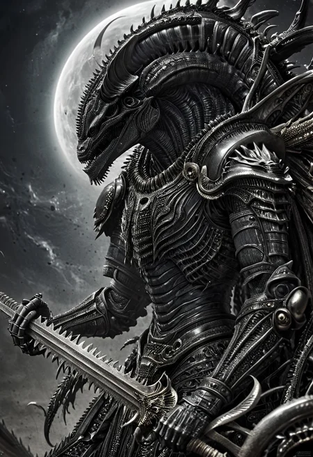 A closeup of fantastical image of a Xenomorph knight, clad in flowing, flowing robes, wielding an ornate, ornate blade. they wield the sword in a fluid, dynamic motion. The moon's reflection highlights their magical power, solo, wide angle, art by hr giger