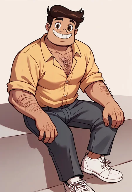 score_9, score_8_up, score_7_up BREAK RafaDiaz, 1boy, brown hair, brown eyes, tan skin, small mustache, hairy chest, hairy arms, yellow polo shirt, dark gray pants, white shoes, mature male, smiling at viewer,