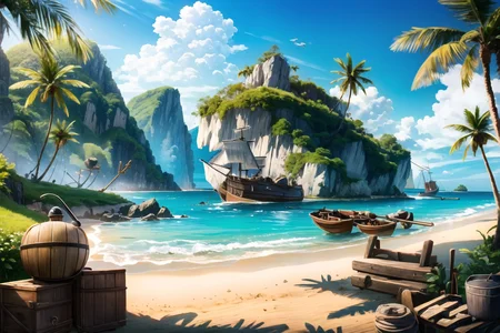 <lora:PirateRealms:1> PiRe, pirate cove, pirate base, in the caribbean, best quality, masterpiece, <lora:more_details:0.65>
