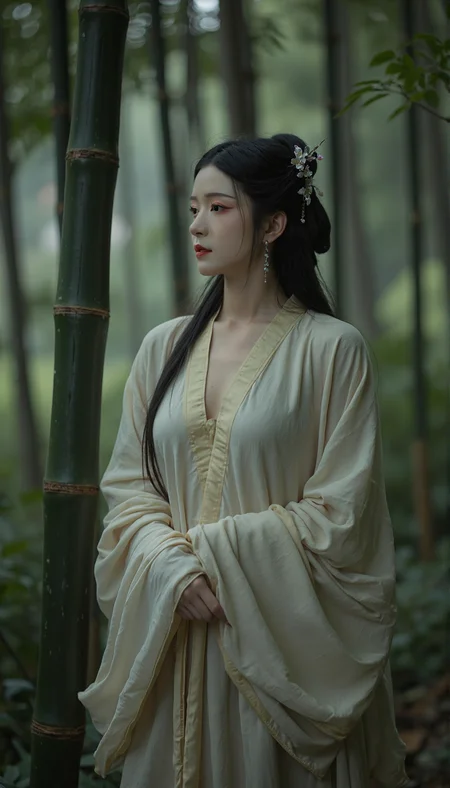 The image showcases a young woman standing amidst a dense bamboo forest at dawn, her pose serene and contemplative. She wears a traditional Chinese silk robe with a deep v-neck, the fabric elegantly draped over her shoulders and legs, revealing more of her form than in the previous depiction. Her hair is styled in an intricate updo adorned with delicate hairpins and earrings that complement the outfit. The style of the photograph is now a soft, ethereal quality reminiscent of early 20th-century Japanese photography, capturing the essence of her tranquility against the misty backdrop. The weather is cool and damp, with a light drizzle adding to the forest's atmospheric charm. This high-quality masterpiece pays meticulous attention to the textures of the fabric and the subtle play of light on her skin, evoking the precision found in the works of Vermeer or Renoir. The overall composition maintains an East Asian style, while the photograph's details are simplified yet retain a high level of sophistication.. qingyi<lora:flux\ã麦æ©éè¡£ãMajicflus.safetensors:0.7000000000000001:0.7000000000000001> <lora:flux\majicbeauty1.safetensors:1.0:1.0>