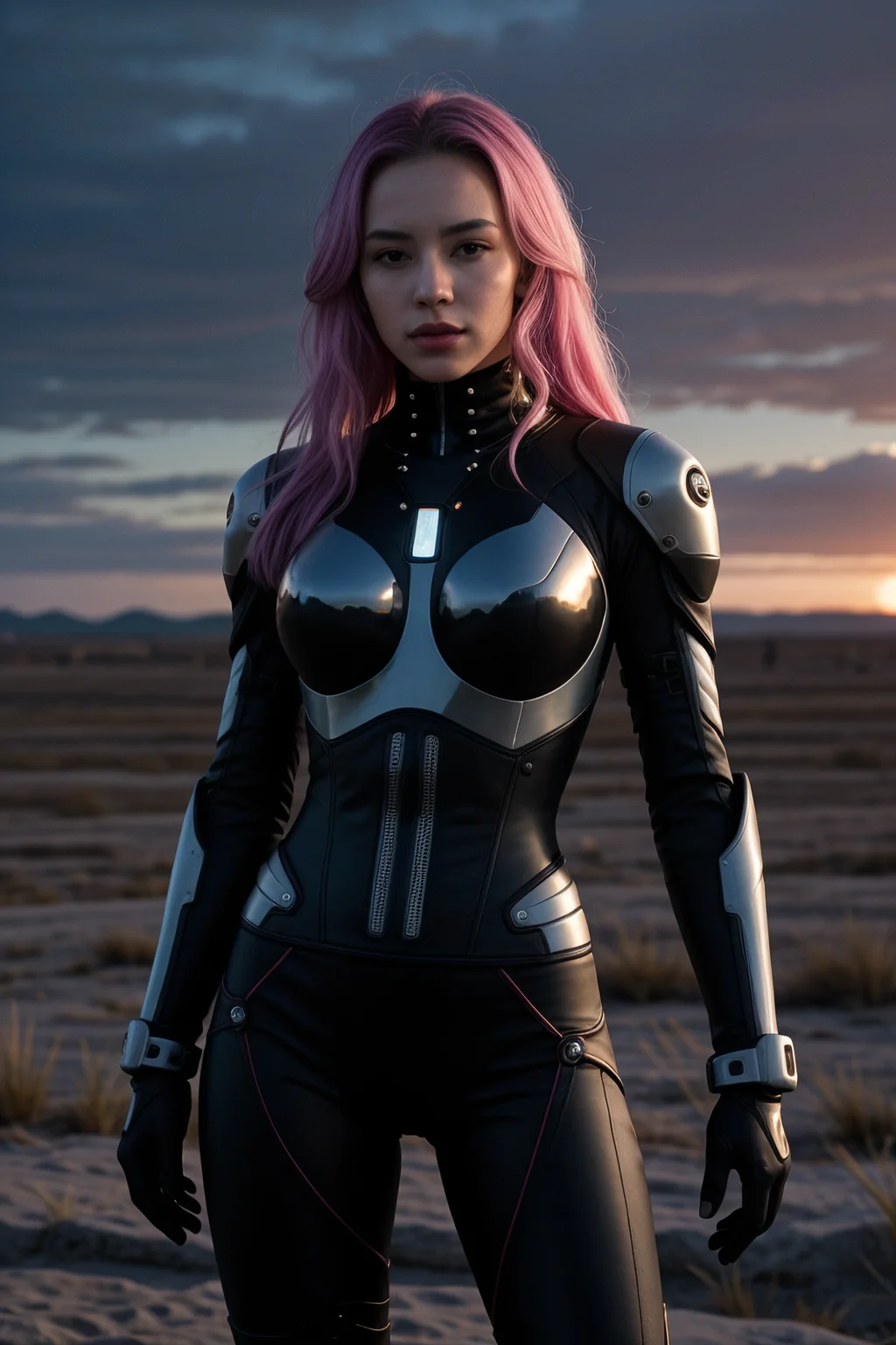 (Cybernetic Abstract: abstract tech patterns, digital chaos, algorithmic holographic tech), pirate queen, under a double sunset with vibrant colors, vast plains with swirling wind patterns in background. Award-winning, professional, highly detailed. <lora:picxer_real:0.7>, (HDR, High Dynamic Range, vibrant colors, high contrast, detailed, UltraHD, 8K, cinematic, 80mm, high detail)