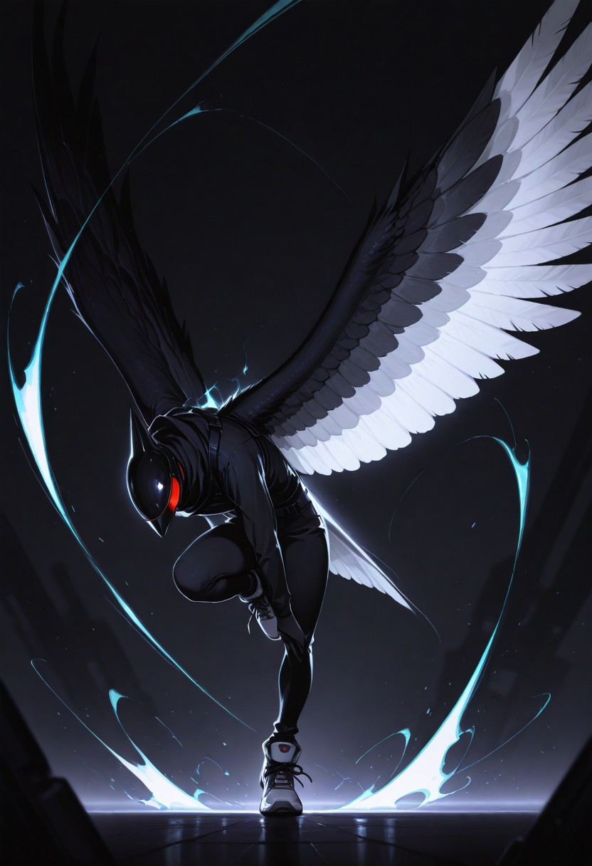 masterpiece, best quality, Monochromatic palette, shades of gray, black, off-white, light studio background, cool futuristic aesthetic, dynamic pose, energetic step, motion blur, even lighting, light highlights, emphasize movement, blurred background, abstract elements, energy flows, wind, large wings, detailed feathers, tattered textures, roughness, scuffs, smooth sneakers, dark, mysterious atmosphere, gothic avant-garde, dynamics