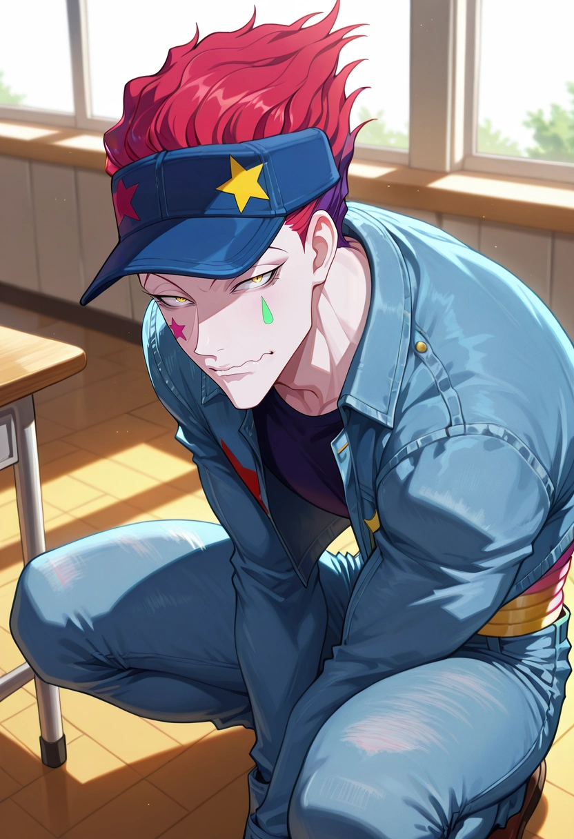 masterpiece, best quality, , , looking at viewer, 1boy, solo, male focus, <lora:hisoka_morow_ilxl:0.9>, hisoka_morow, red hair, yellow eyes, facial mark, star \(symbol\), rule of thirds, classroom, day, sunny, squatting, wavy mouth, denim jacket, baseball cap