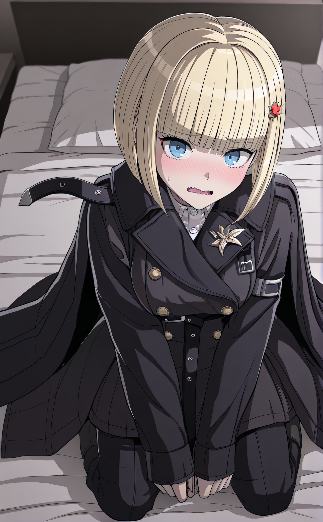 masterpiece, best quality, highres, newest, 1girl, solo, official style, artist cg, <lora:Oosuzuki_Kurara:1>, kurara, blonde hair, blue eyes, bob cut, blunt bangs, hairpin, black coat, belt, long sleeves, sleeves past wrists, cape, jacket, buttons, boots, looking at viewer, full body, kneeling, on bed, from above, wavy mouth, open mouth, blush