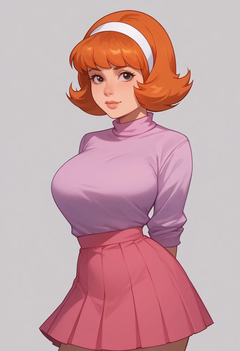 score_8, score_9, daphne, orange hair, short hair, hairband, skirt, 1girl, solo, adult woman, large breasts, pose, looking at viewer, hands behind back,