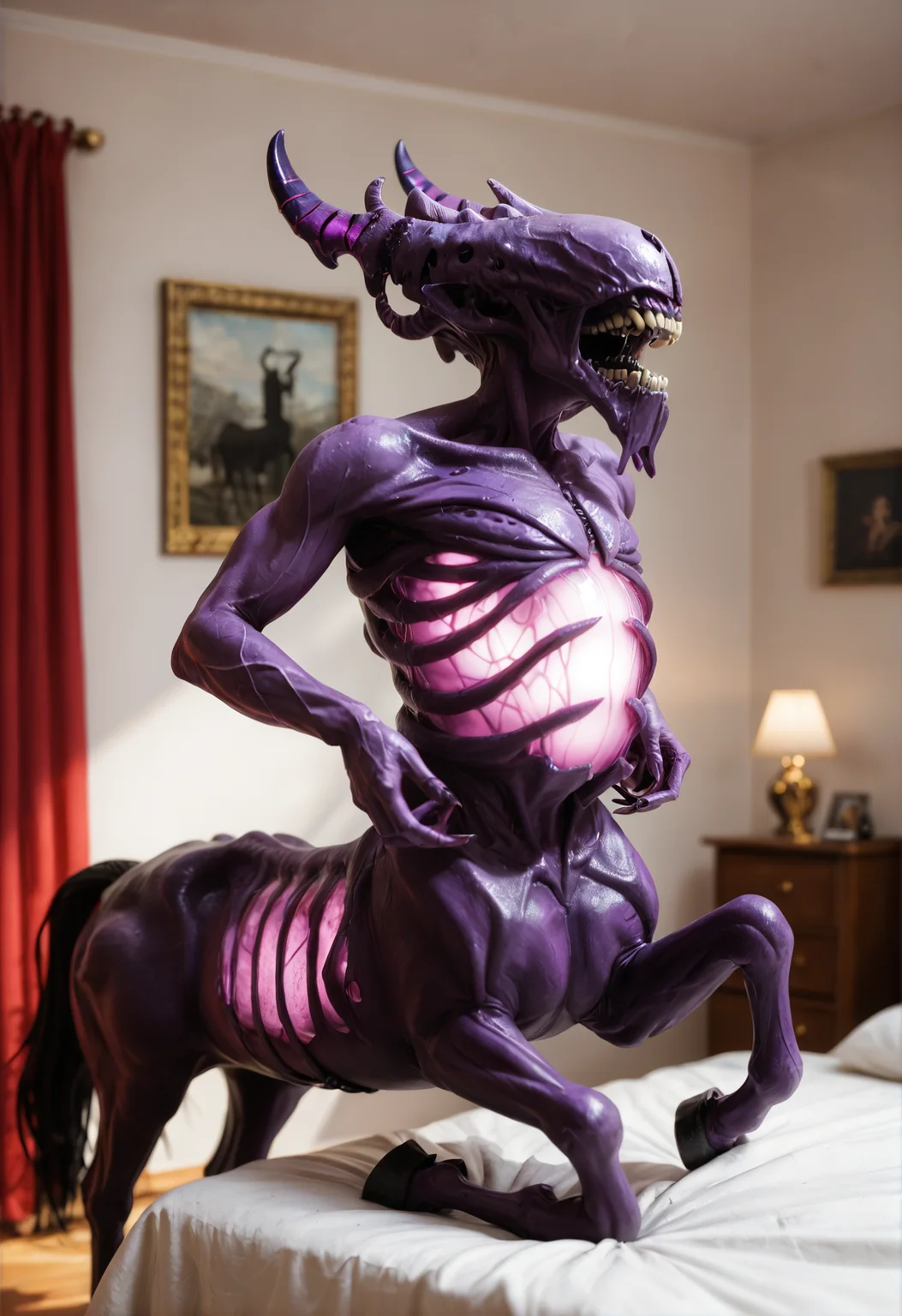 <lora:bane_v1:1> bane_v1,
1boy, pokemon (creature), alien, monster, centaur,
teeth, sharp teeth, closed mouth,
purple skin, colored skin,
claws, extra arms, four arms,
no eyes,
purple horns,
glowing ,
horror \(theme\),, score_9, score_8_up, score_7_up, score_6_up, derpibooru_p_95,
detailed eyes, beautiful, detailed background, perfect eyes,
blur censor, blurry, blurry background, blurry foreground, bokeh, motion blur,
chromatic aberration, depth of field, figure, focused, focus
photography, realistic sun light and shadows, photorealism, UHD --ar 9:16 --style raw --stylize 700,
solo,
indoors,bedroom,bed,red curtains,picture frame,white wall,chandelier,white bed sheet, leaning on wall, living room,