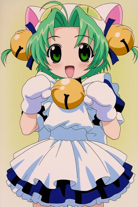 digicharat99, dejiko, 1girl, flat chest, solo, short hair, hair ornament, hat, animal ears, ribbon, green eyes, green hair, cat ears, bell, hair intakes, hair bell, animal hat, cat hat, gloves, short sleeves, white gloves, puffy short sleeves, animal hands, hair bell, mittens, animal hat, cat hat, white mittens, maid, looking at viewer, paw pose, cowboy shot, light blush, laughing, simple background, 
masterpiece, best quality, absurdres, highres, very awa, 