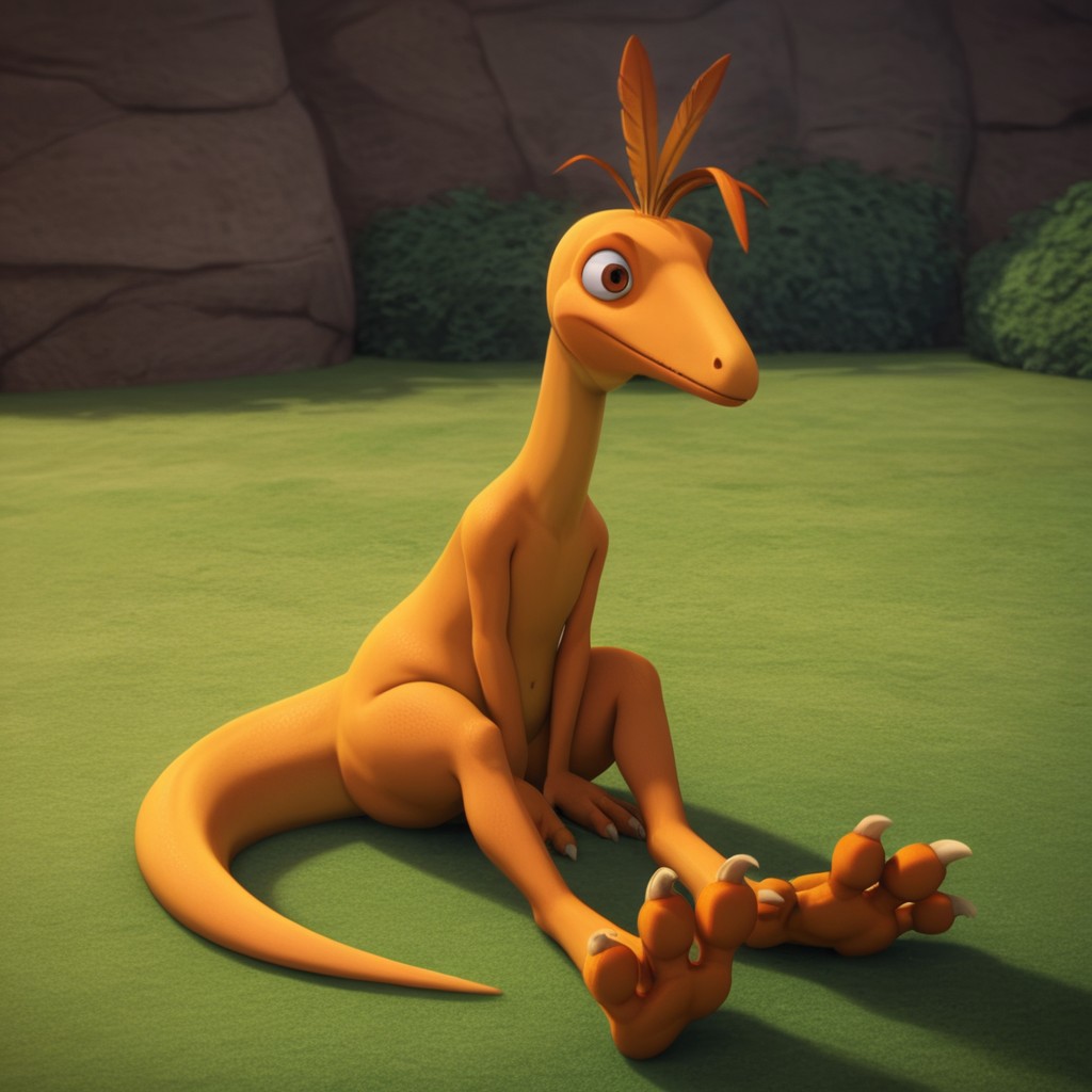 score_9, score_8_up, score_7_up, score_6_up, score_5_up, score_4_up, source_furry, dtmrconductorv2, semi-anthro, male, Troodon, orange skin, brown eyes, dinosaur, feather hair, sitting, outside, arms between legs,