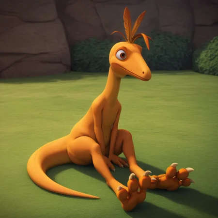 score_9, score_8_up, score_7_up, score_6_up, score_5_up, score_4_up, source_furry, dtmrconductorv2, semi-anthro, male, Troodon, orange skin, brown eyes, dinosaur, feather hair, sitting, outside, arms between legs,