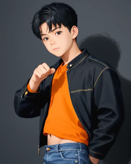 score_9, score_8_up, score_7_up, Korean, <lora:Cute_Cartoon_ArtStyle:1>, <lora:Expressive_H:1>, ((adorable handsome young cute man:1.2, light skin)),
tae_dong, black and white jacket, orange shirt, jeans, lose shirt, navel, looking at viewer, dynamic action, expressive cute face, cute pose, male focus, 1boy, solo, cowboy shot, from side, depth of field, masterpiece, best quality, amazing quality, very aesthetic, absurdres, newest, very awa, shadow, dynamic angle, <lora:tae_dong-000013:1>, ((tae_dong))