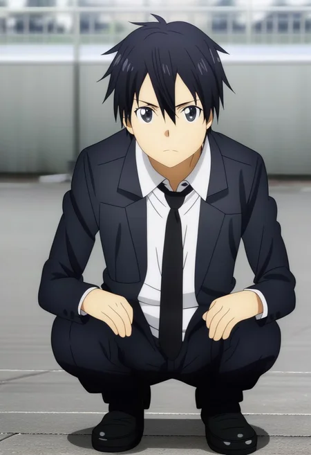 high resolution, professional photography, solo, best quality, 1Boy, Kazuto Kirigaya, Black Hair, Black Eyes, lofi, candid, squat, depth of field, photo model, looking at viewer, OverallDetail
