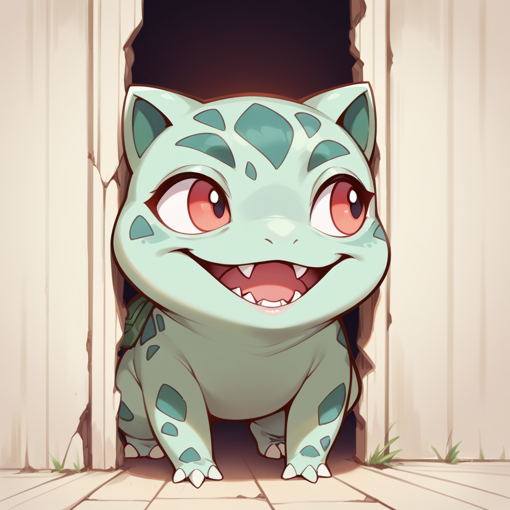 score_9, score_8_up, score_7_up, best quality, masterpiece, source_anime, zPDXL2, BREAK  , theshining, open mouth, smile, teeth, looking away, bulbasaur <lora:The_shining_meme:1.3>