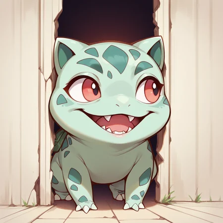 score_9, score_8_up, score_7_up, best quality, masterpiece, source_anime, zPDXL2, BREAK , theshining, open mouth, smile, teeth, looking away, bulbasaur <lora:The_shining_meme:1.3>