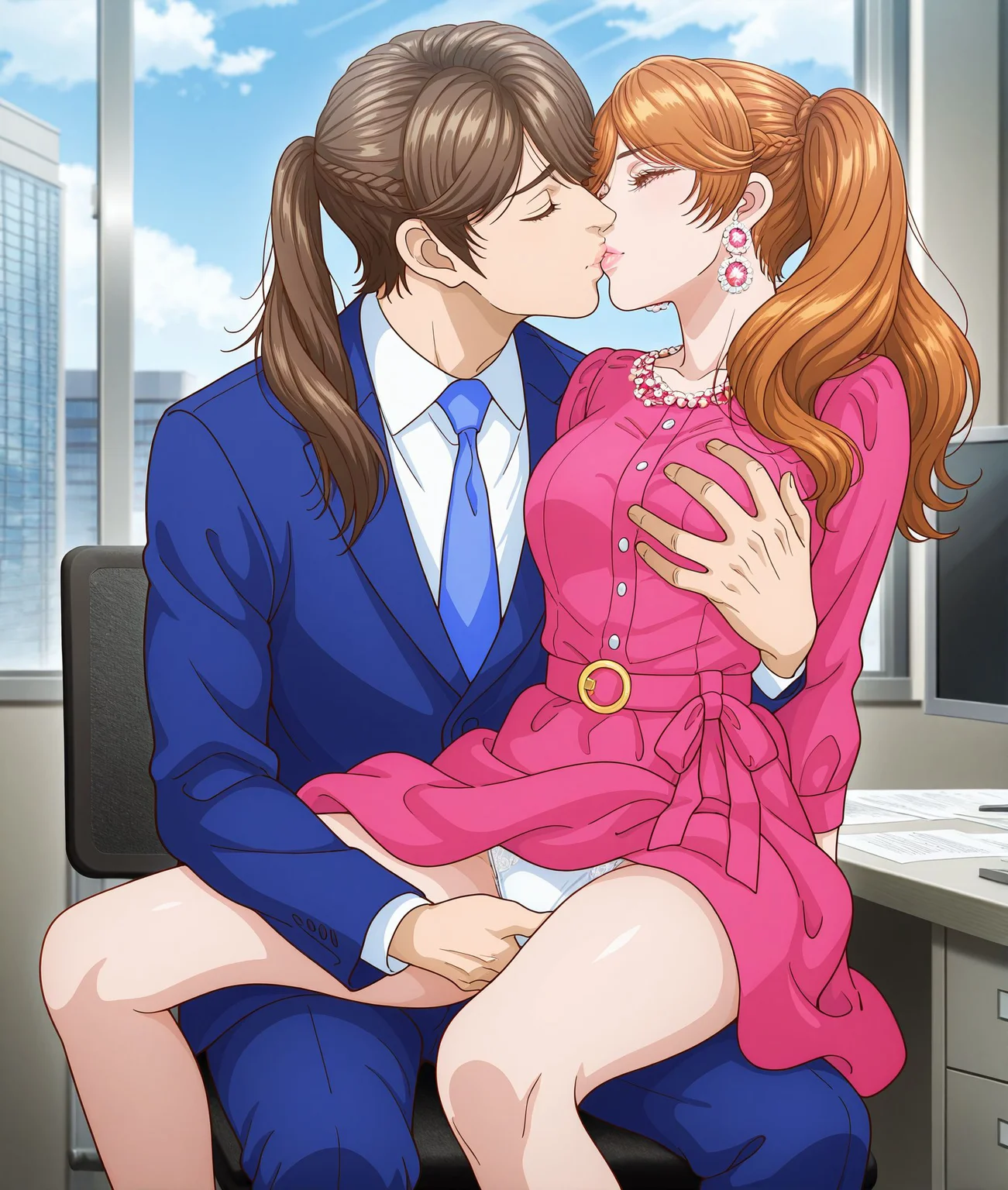 masterpiece,best quality,amazing quality,very aesthetic,absurdres,newest, huge filesize,
<lora:spo_sdxl_10ep_4k-data_lora_webui:0.5>,
<lora:add-detail-xl:1>
1girl, 1boy, hetero, sitting, desk,facing another, grabbing another's breast, fingering, white panties, lift skirt,
kiss, cuddling, closed eyes, sitting on lap,
<lora:Trillion_Game_V1:1>Trillion Game,
BREAK
interview,long hair couple,
1girl, 1boy, hetero, sitting, desk, facing another,
jewelry,
earrings,long hair,
sky,brown eyes,
brown hair,pink dress,
lips,
braid,day,
ponytail,t_kirika,
office ,
BREAK
interview,long hair couple,
1girl, 1boy, hetero, sitting, desk, facing another,
necktie,formal,
suit,blue necktie,
brown hair,
pants,
T_haru, brown hair,(long hair, side ponytail male),