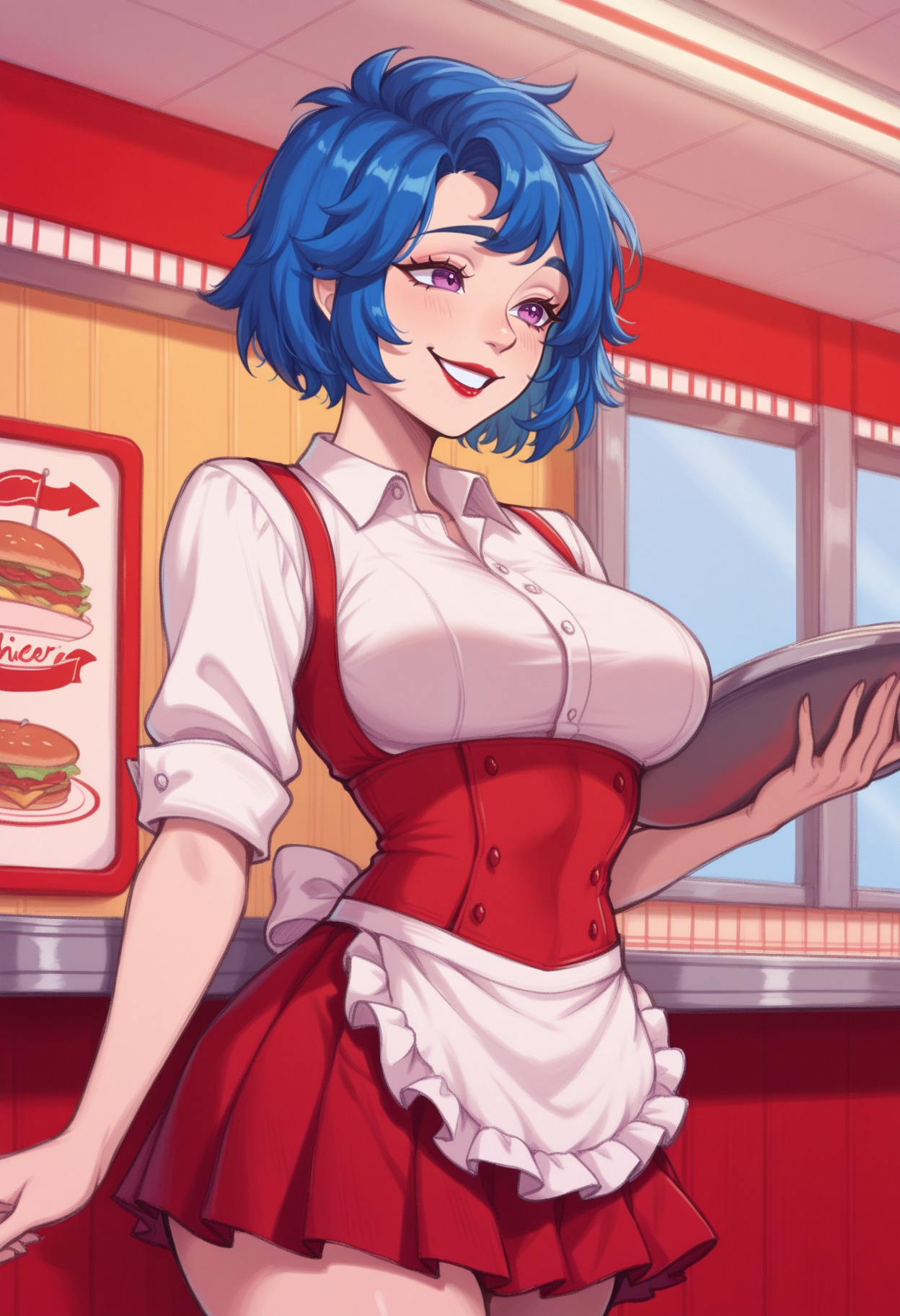 masterpiece, best quality, 1girl, solo,  <lora:NSEmilyStardew:1> NSEmilyStardew, blue hair, purple eyes, lipstick, short hair, red skirt, pleated skirt, white shirt, collared shirt, red corset, white waist apron, diner, indoors, holding tray, smile, waitress