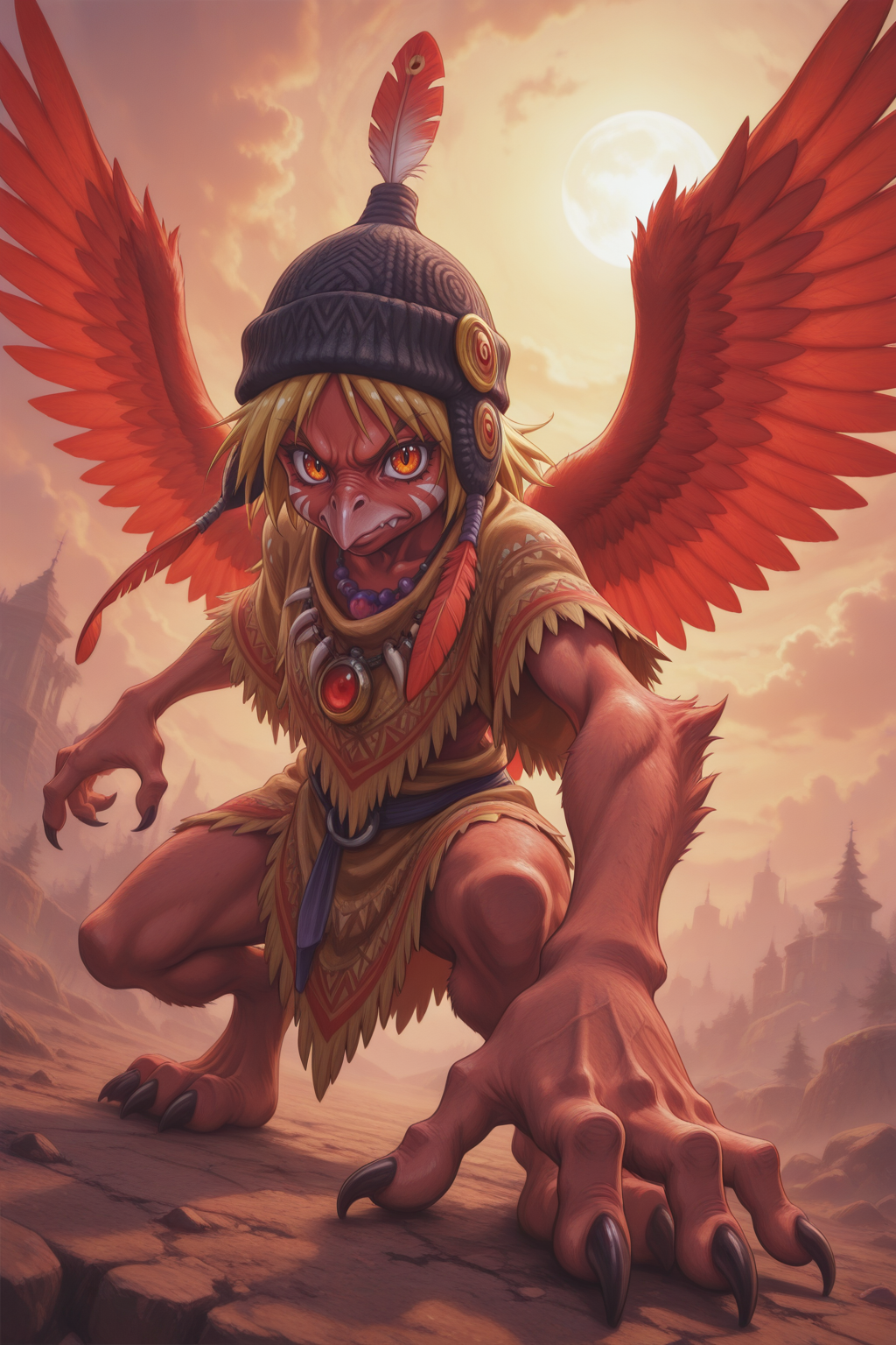 Very aesthetic, foreshortening stylized clothes, unique angle, posing, solo. accessories,CC-styl3, solo, non human, humanoid Eagle, red and white feathers, peruvian hat, tribal poncho, sharp eyes, wings, claws, chullo beanie