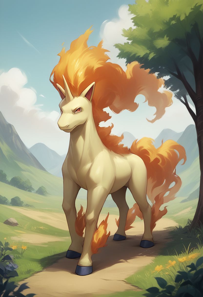 (source_anime, source_furry, score_9, score_8_up, score_7_up:1), rapidash, solo male, outdoors, looking at viewer, no humans