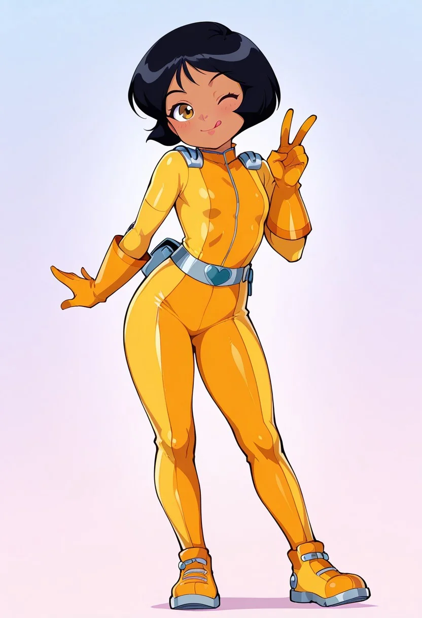 alex_totally_spies, short hair, black hair, brown eyes, dark-skinned female,yellow bodysuit, 
masterpiece, best quality, amazing quality, very aesthetic, absurdres, 
1girl, solo, short, young, flat_chest1.9, Shortstack, 
 looking at viewer, standing, smile, closed mouth,  tongue out, peace sign, wink, full body