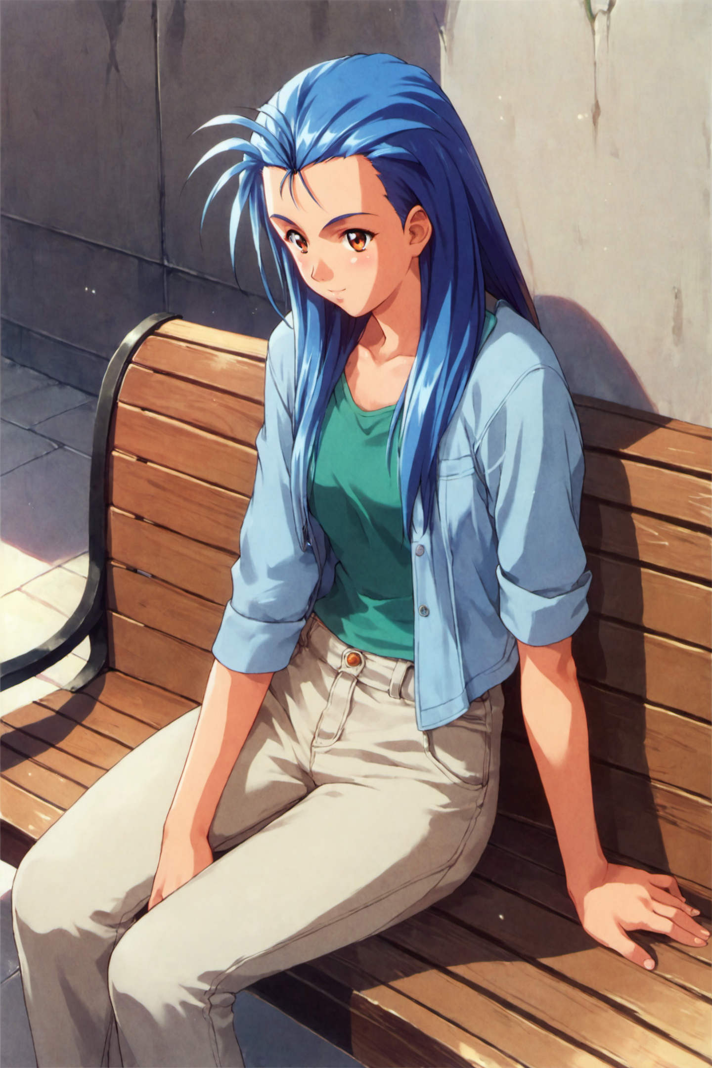 score_9,score_8_up,score_7_up,masterpiece,best quality,
Minazuki Kotoko,1girl,solo,blue hair,long hair,sitting,casual,bench,1990s \(style\),pants,
<lora:Tokimeki Memorial 2_XL_PONY:0.8>,