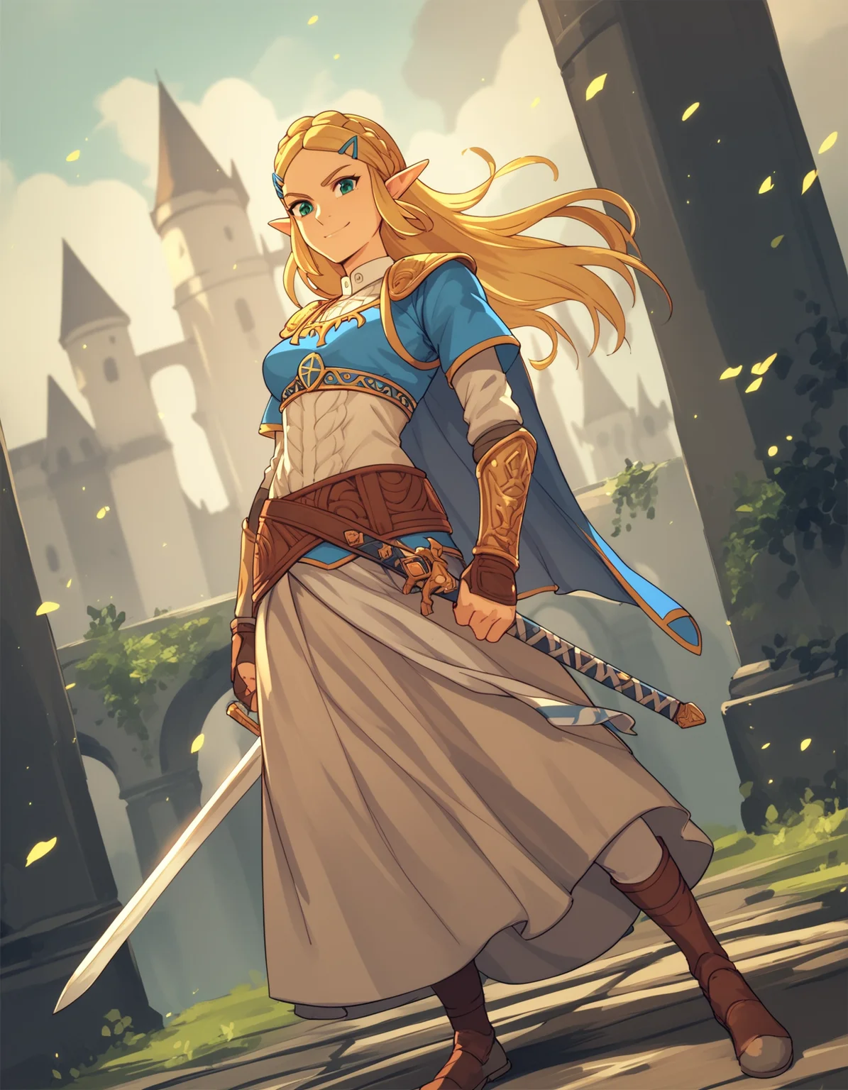 score_9, score_8_up, score_7_up, source_anime, <lora:confetti-extract-ponyxl:1> 1girl, solo, princess zelda, sword, smirk, stance, castle, cinematic lighting