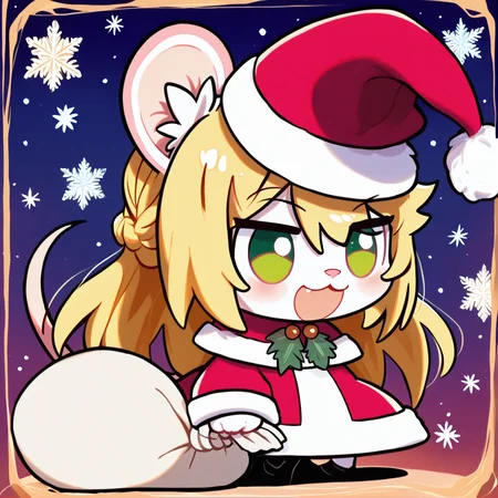 padoru <lora:padoru-IL-1.0:1>, masterpiece, perfect quality, best quality, anime coloring, 1girl, solo, padorumeme, padoru, christmas background, Chloe, 1girl, solo, long hair, blonde hair, animal ears, green eyes, furry female, mouse ears, mouse girl, mouse tail, body fur, white fur, bangs, animal nose,  <lora:Chloe_v02_PDXL:1>, score_9, score_8_up, score_7_up, score_6_up, score_5_up, score_4_up,