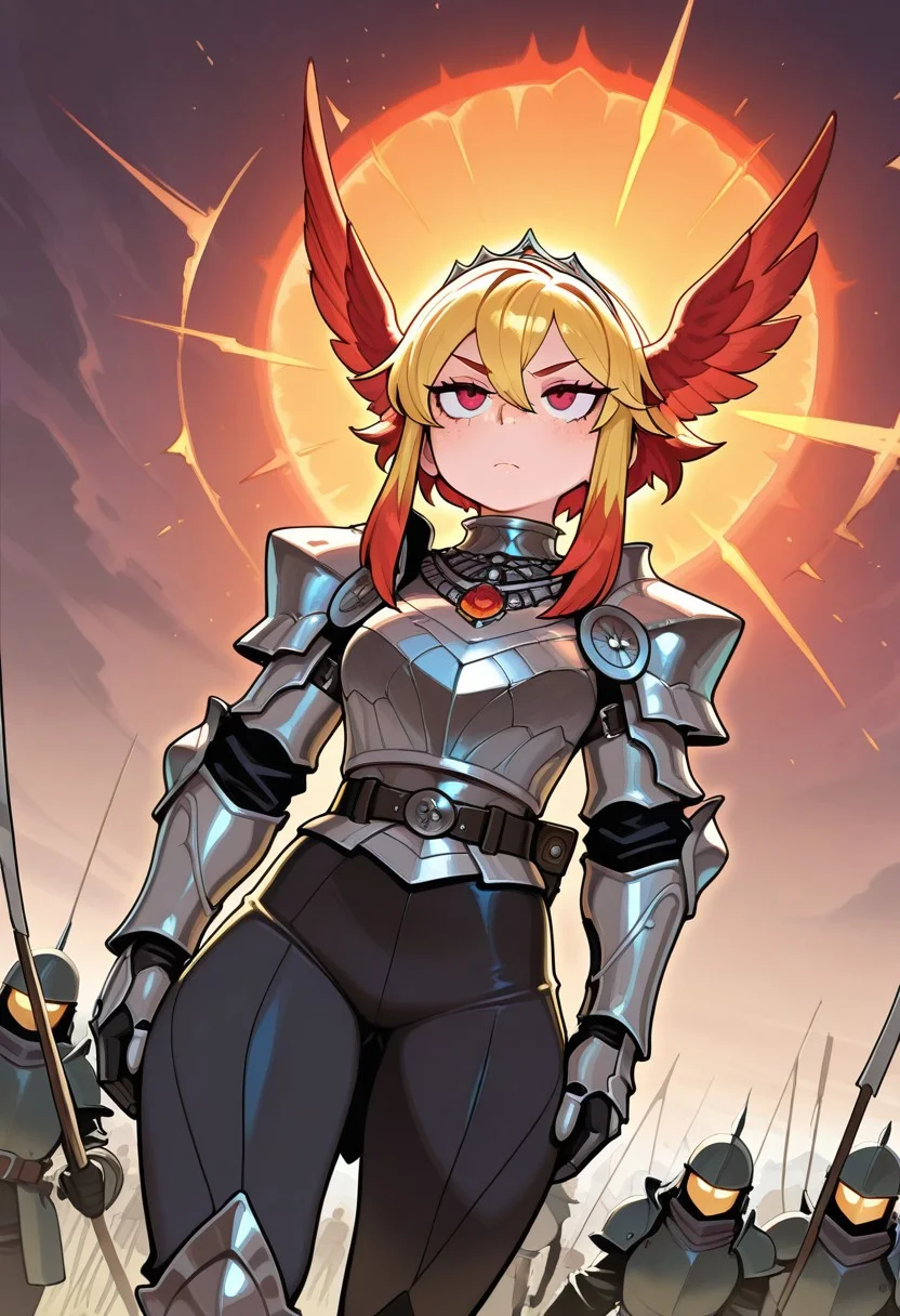 TOONCITY_ST, masterpiece, best quality, very aesthetic, high resolution, ultra-detailed, absurdres, newest, detailed eyes, beautiful, perfect lighting, hi res, amazing quality, very awa, painting_(artwork), dynamic angle, dynamic pose, Serious, freckles, two-toned hair, Red Hair, Yellow Hair, head wings, Armour, Necklace, Wide Shot, Dutch Angle, Hand on Waist, Tiara, In Front Of Army