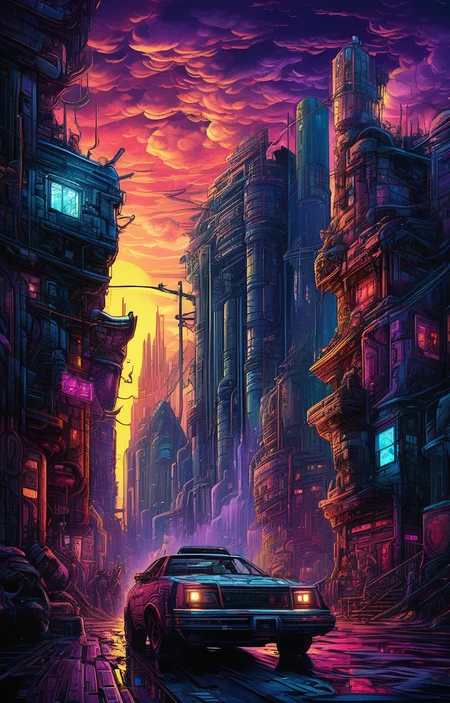 masterpiece,best quality,<lora:tbh160-sdxl:0.9>,illustration,style of Dan Mumford cyberpunk city