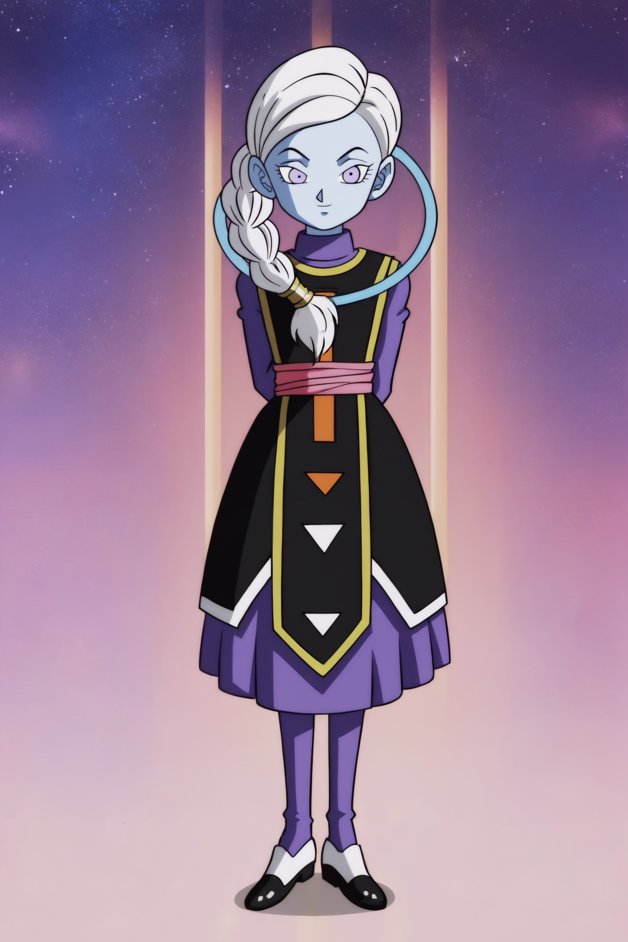 source_anime, score_9, score_8_up, score_7_up, anime screencap,8k, absurd res,
kusu \(dragon ball\), braid, single braid, side ponytail, long hair, purple eyes,  white hair,
black dress, sleeveless dress, print dress, gold trim, purple topwear, long sleeves, undershirt, turtleneck, red sash, underskirt, long skirt, purple skirt, pantyhose, purple legwear, shoes, two tone shoes, black footwear, white footwear,
star \(sky\), space, 
 <lora:kusu_pony_v1:0.8>