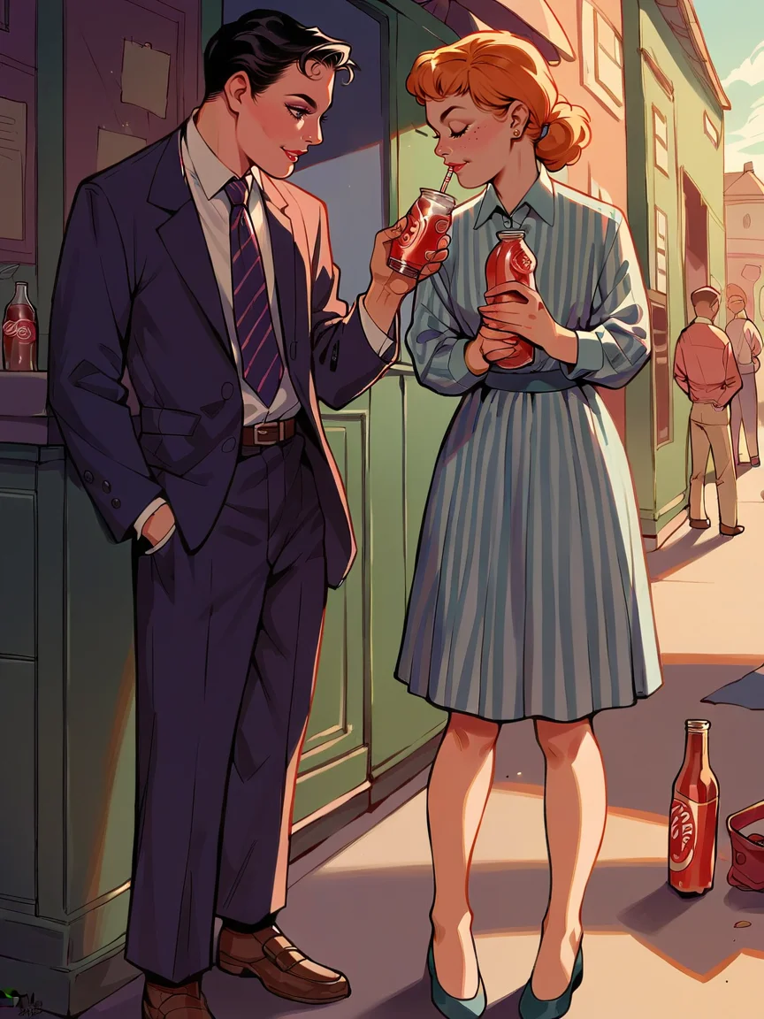 score_9, score_8_up, score_7_up, score_6_up,   <lora:r3tr0XLP:1> r3tr0, 1girl, 1boy, suit, striped dress, soda bottle,